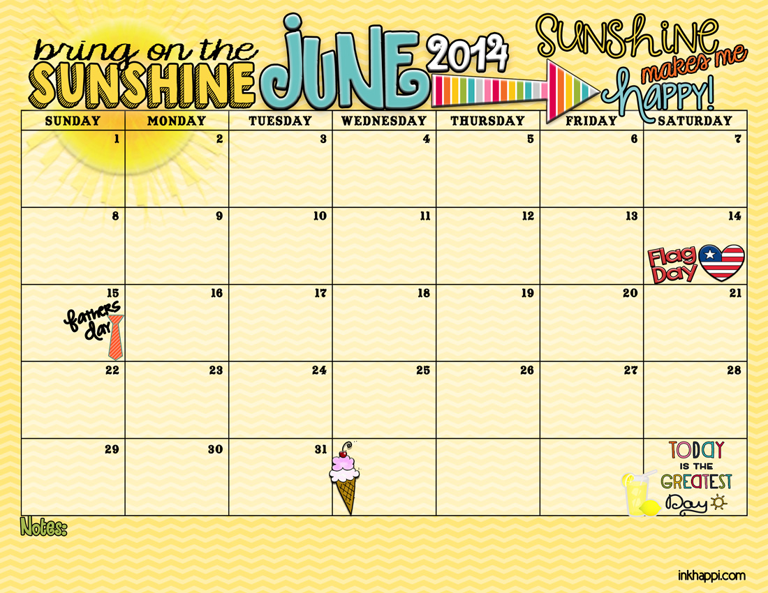 June 2014 calendar and the Sunshine is Here inkhappi