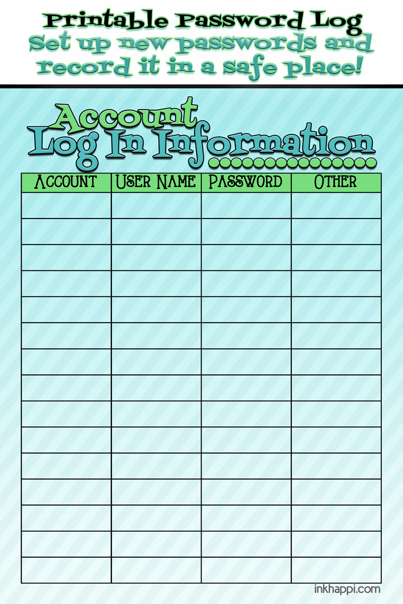 Printable Password Log And Creating New Passwords Inkhappi