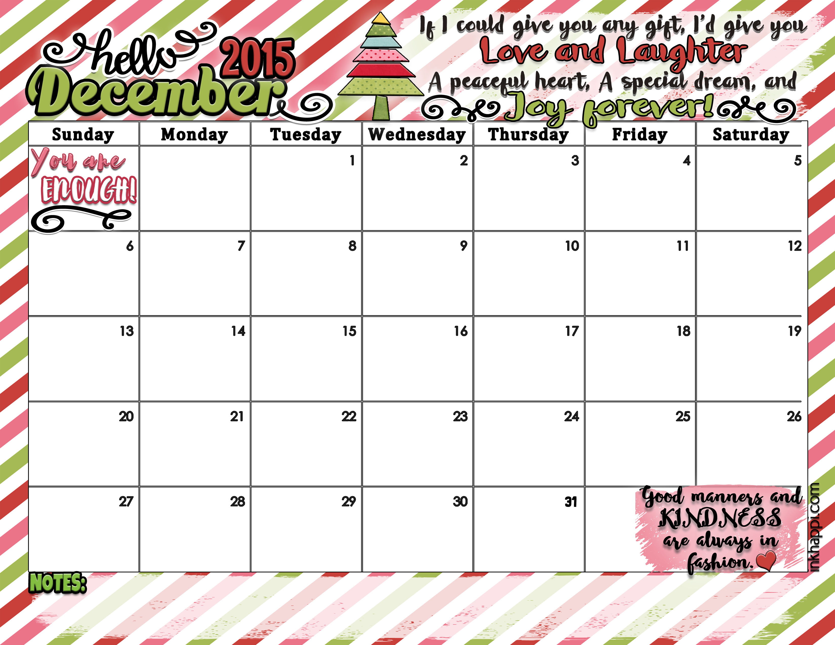 DECEMBER 2015 calendar and print from inkhappi