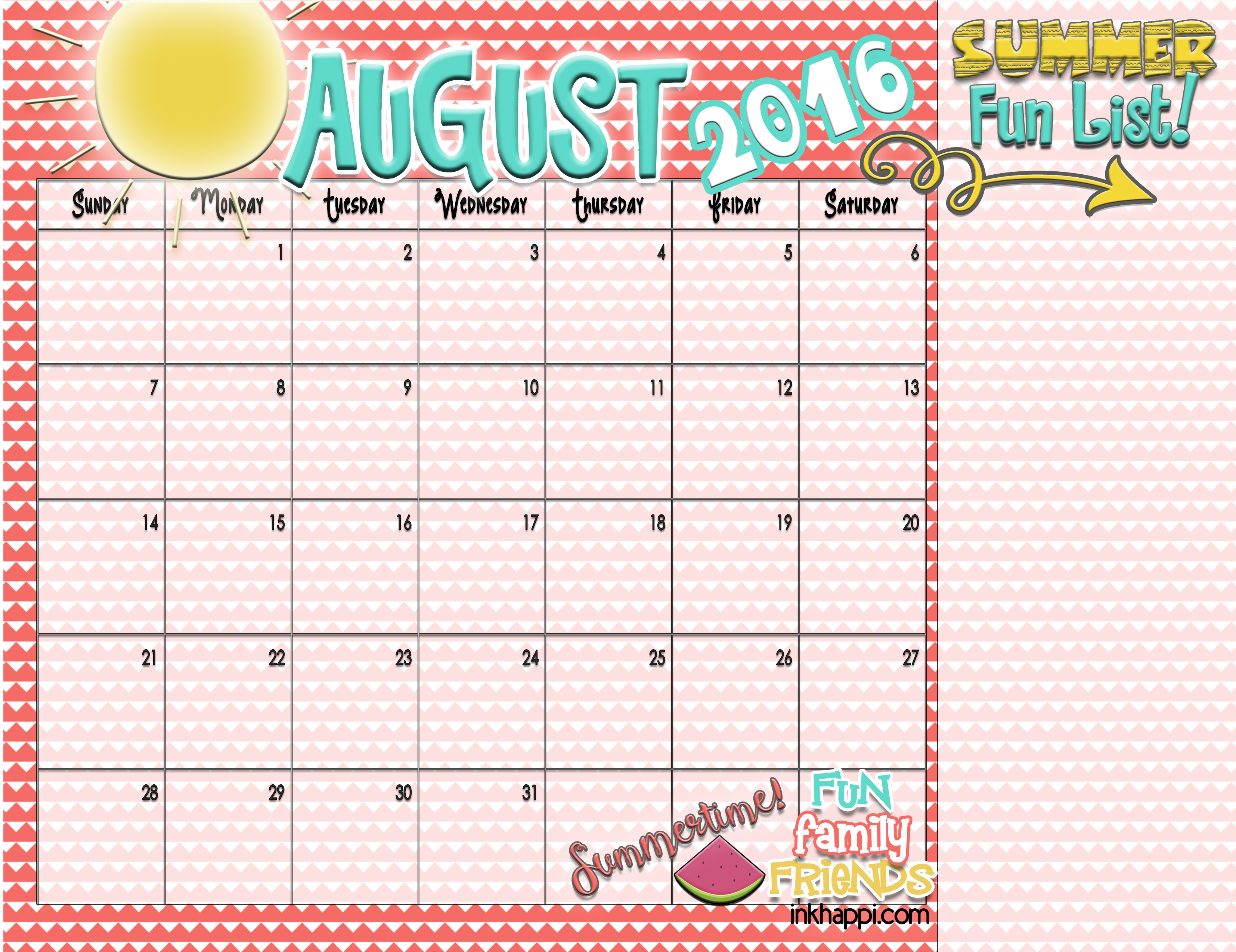 August Calendar 2016 Cute