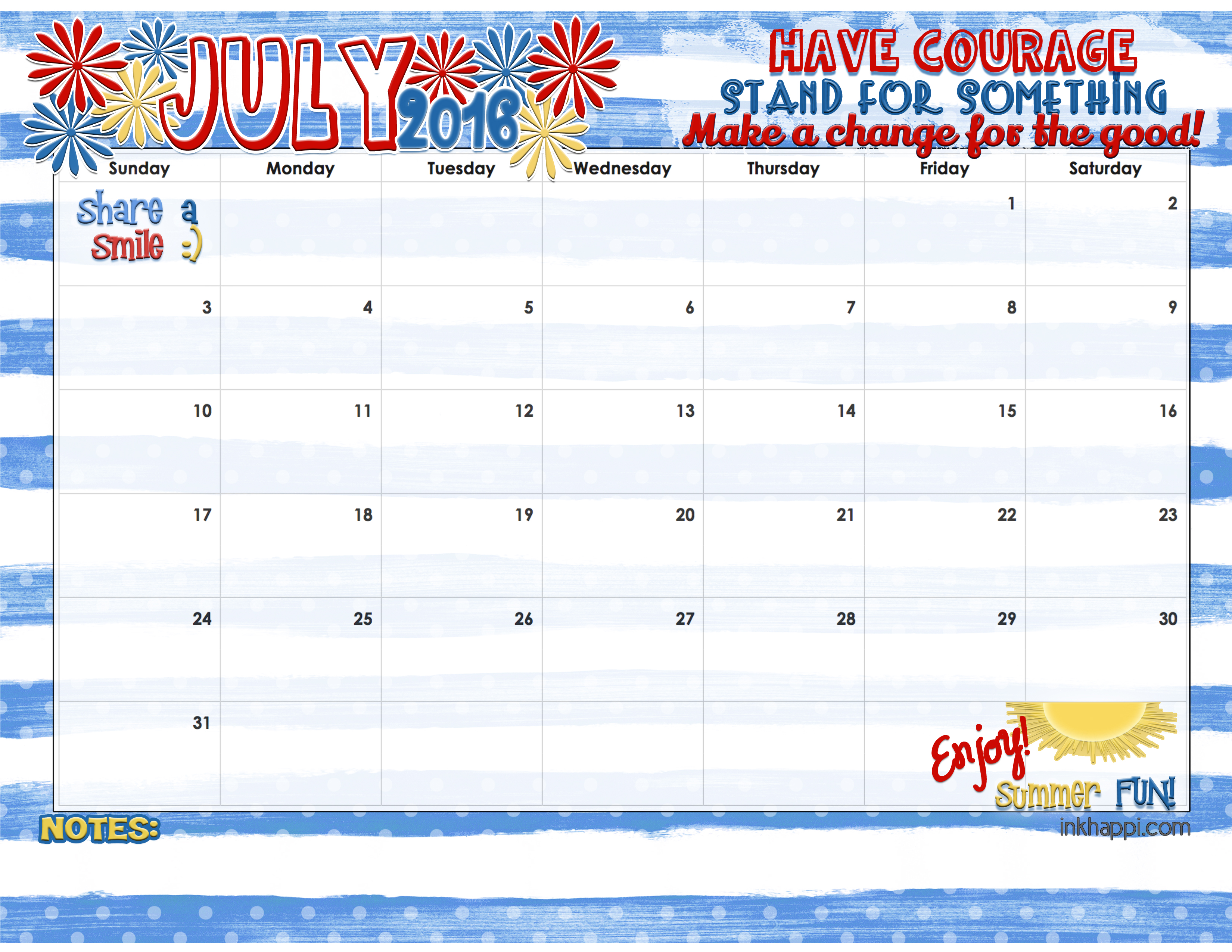 July 2016 Calendar and Print inkhappi