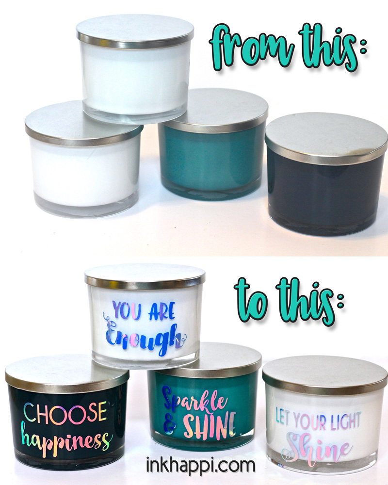 Vinyl sayings on glass candles using Cricut... You will fall in love