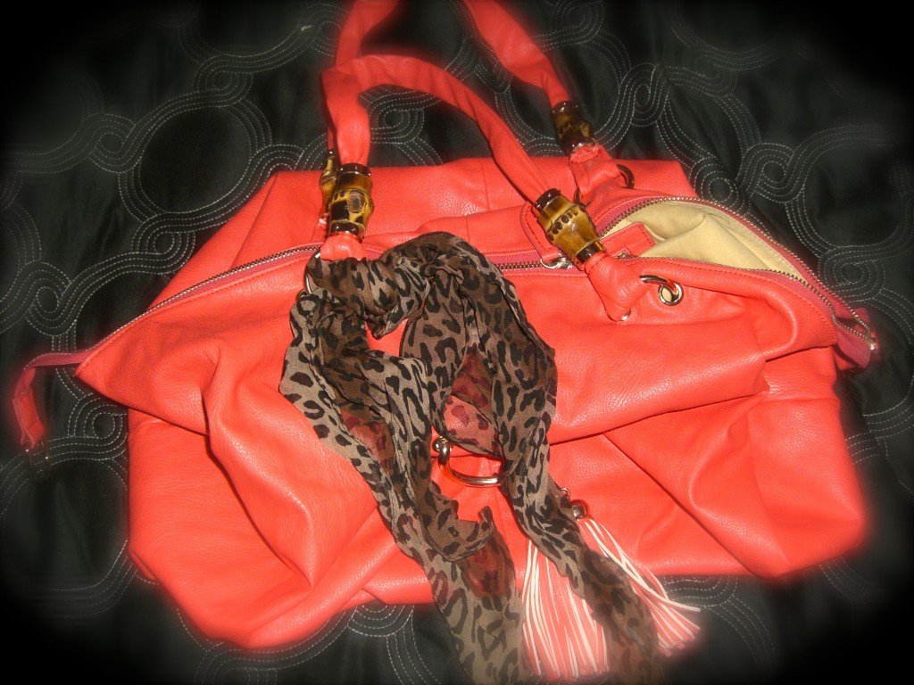 little leopard scarf on wonderful coral purse