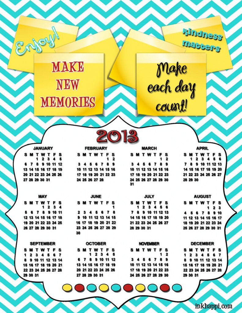 2013 Calendar free printable at inkhappi.com