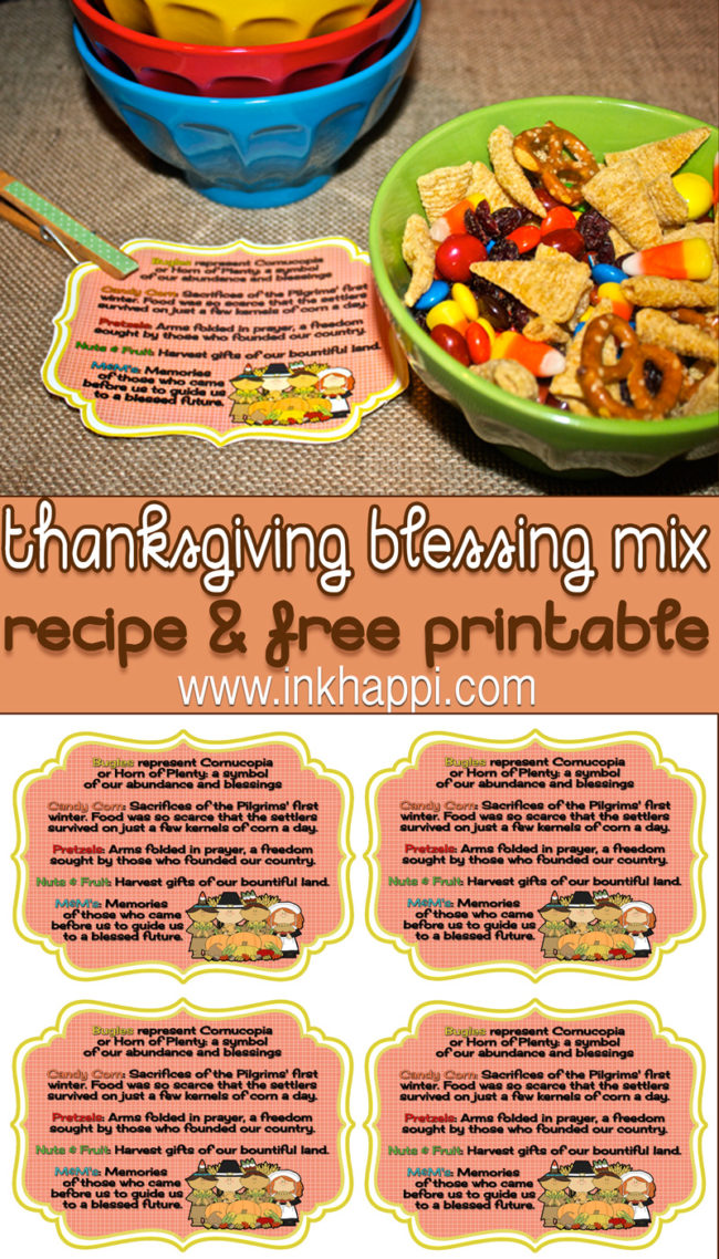 Thanksgiving Blessing Mix. A yummy snack that has meaning. Each item represents part of Thanksgiving. recipe and free printable tags for great gift or display! #blessingmix #thanksgiving #gratitude #freeprintable #recipe #gratitudegift