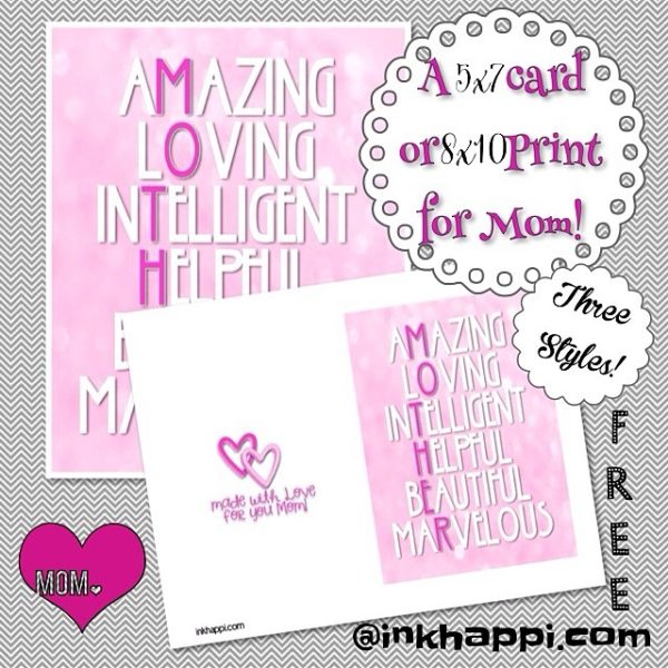 One of three styles of free printable cards and prints to show your love for Mom. Quick and easy and you add your own special message!