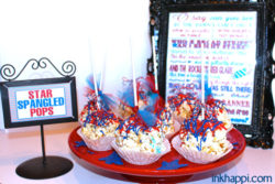 Popcorn Balls gone Patriotic with a "surprise" . Recipe & printable