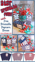 Free printable popcorn boxes and a ten minute yummy sweet popcorn recipe. Just in time for some 4th of July fun!