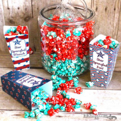 Free printable popcorn boxes and a ten minute yummy sweet popcorn recipe. Just in time for some 4th of July fun!