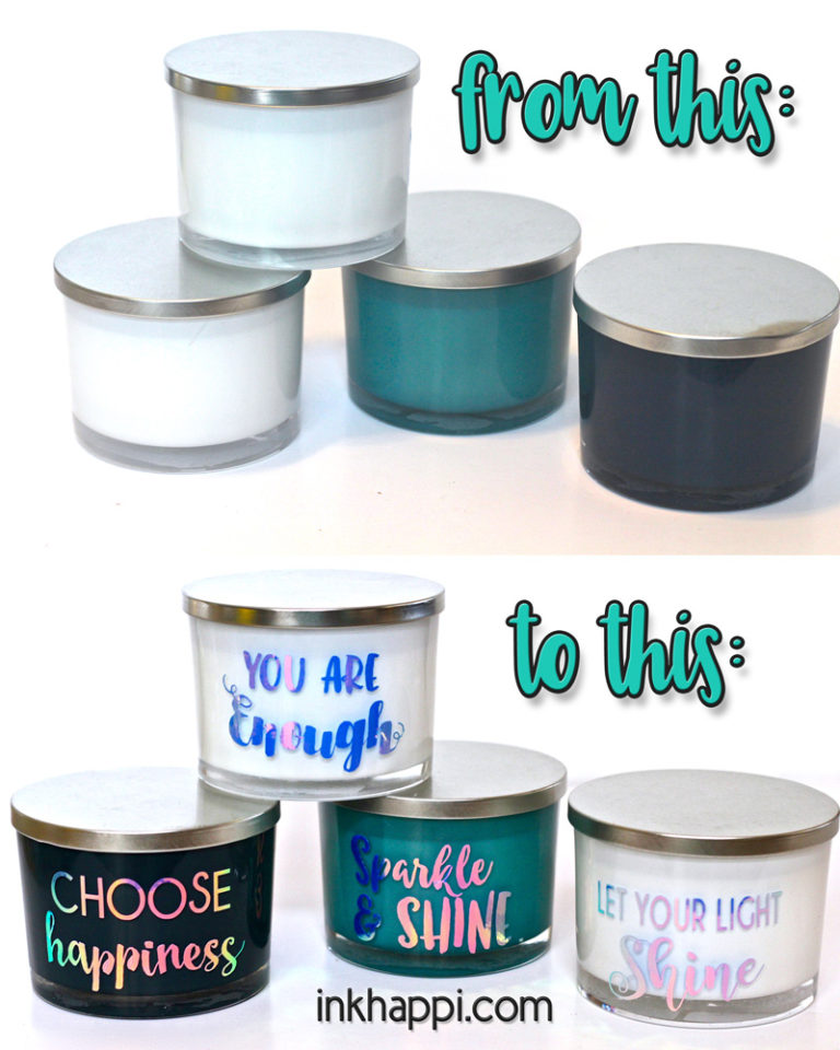 Vinyl sayings on glass candles using Cricut... You will fall in love with this easy project
