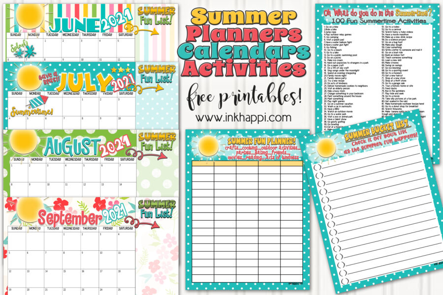 Summer planning calendars, bucket list and activities planner with June through September 2021. Free printables!