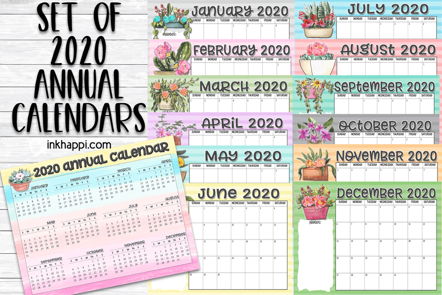 Watercolor stripe 2020 annual calendars header
