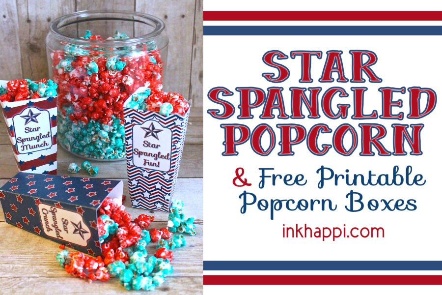 Sweet popcorn recipe and patriotic printable popcorn boxes. #patriotic #fourthofjuly #freeprintable #sweetpopcornrecipe