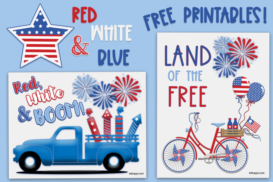 Free patriotic printables. 2 whimsical prints . One has a bicycle and Land of the free. The other one has a blue truck with red, white and BOOM saying! #4thofjuly #freeprintables