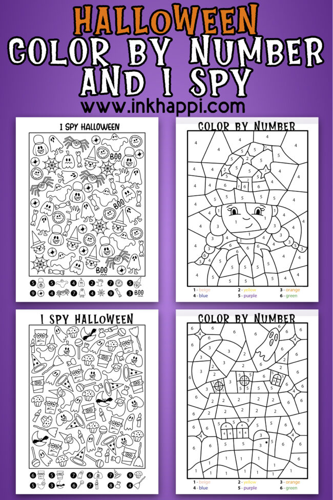 Halloween I spy and color by number activity pages. Free printables! #halloween #freeprintables #coloring 