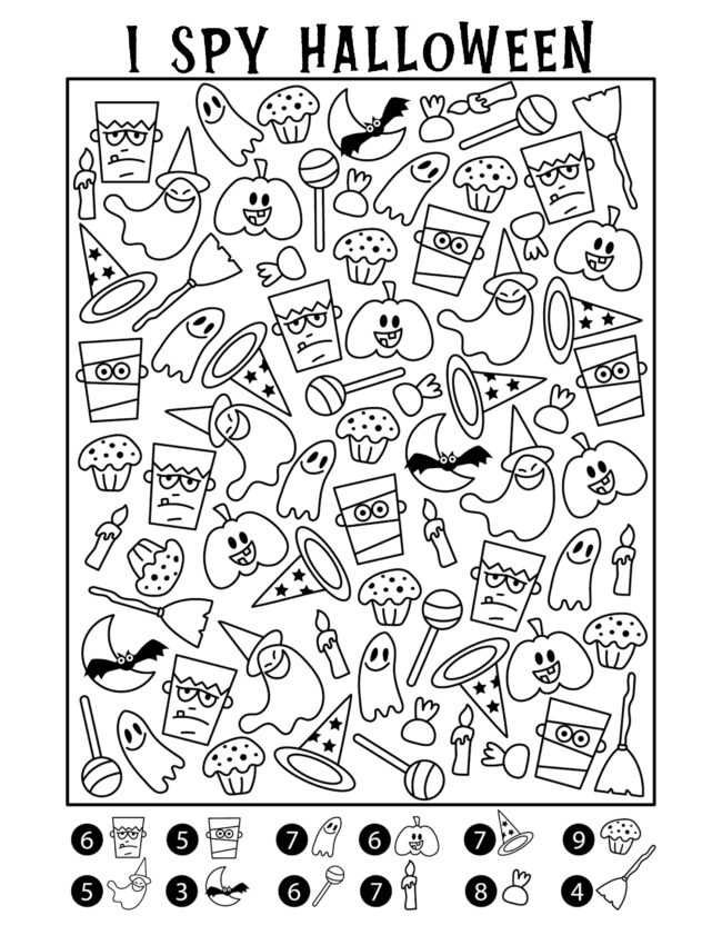 Halloween I spy activity pages. Free printables! #halloween #freeprintables #coloring