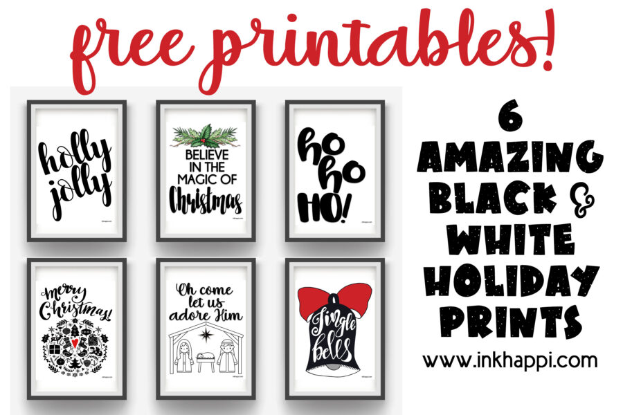 Six awesome black and white holiday prints to deck the halls with. Also some tips for a less stressful holiday season! #freeprintables #christmas #holidays