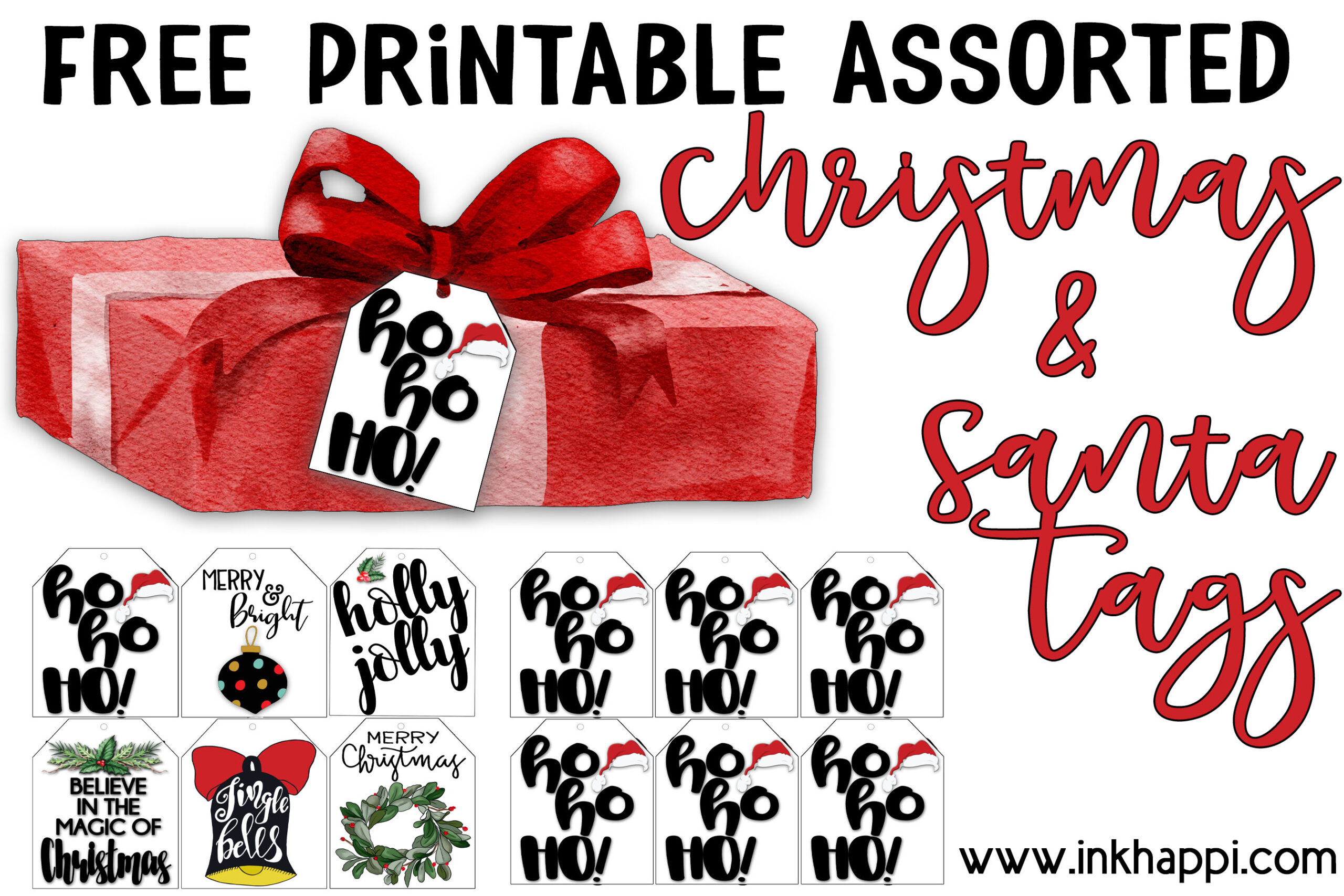 Free printable assorted cute Christmas tags. 6 styles including Santa hohoho gift tags. @freeprintables #gifttags #Christmas