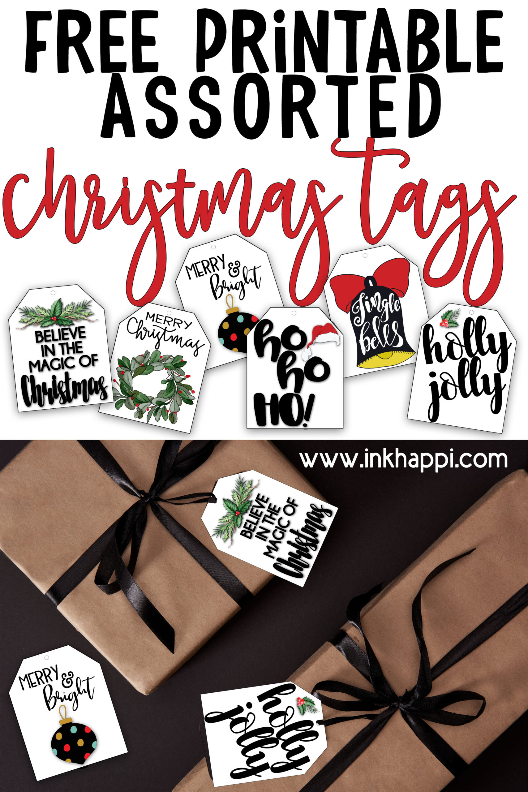 Free printable assorted cute Christmas tags. 6 styles including Santa hohoho gift tags. #freeprintables #gifttags #Christmas