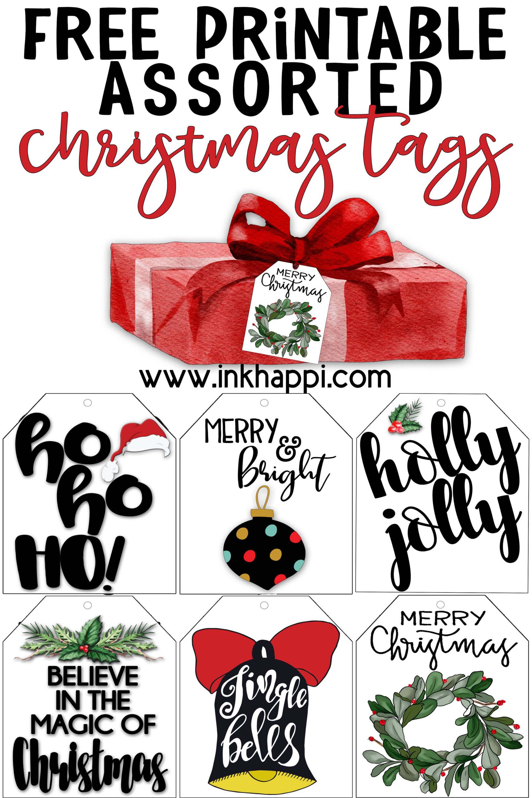 Free printable assorted cute Christmas tags. 6 styles including Santa hohoho gift tags. @freeprintables #gifttags #Christmas