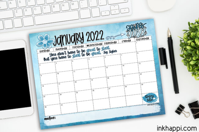 January 2022 Calendar, free printable. #calendar #freeprintables #newyear